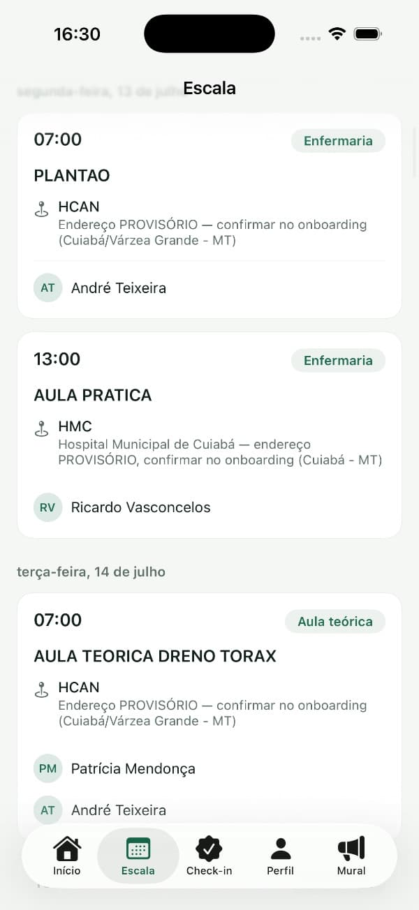 Tela de escala e plantões do app