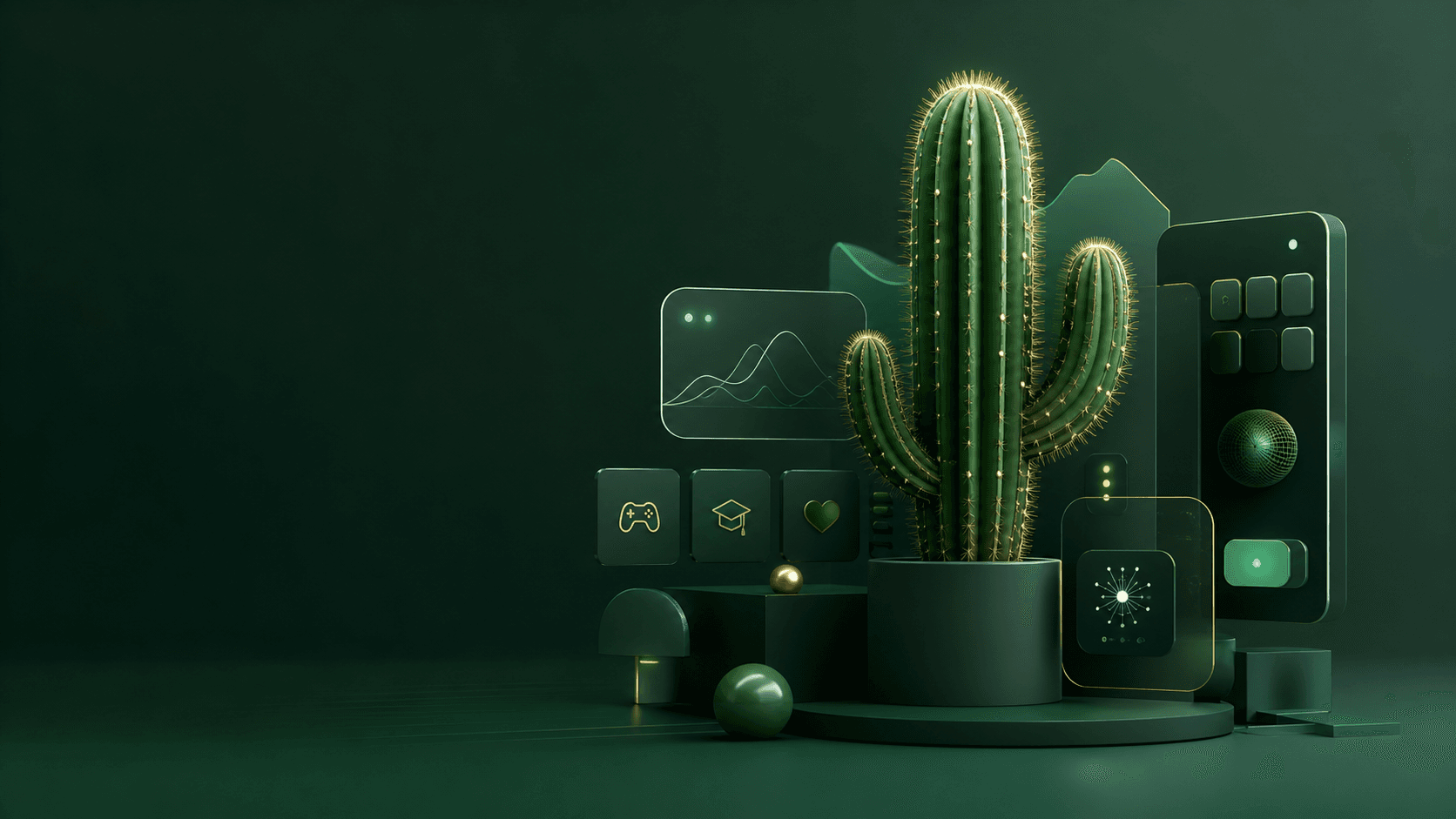 Cacto digital com interfaces de software em ambiente verde escuro
